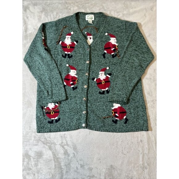 Women’s The Quacker Factory Cardigan Sweater Christmas Santa Green Red XL - Picture 1 of 9